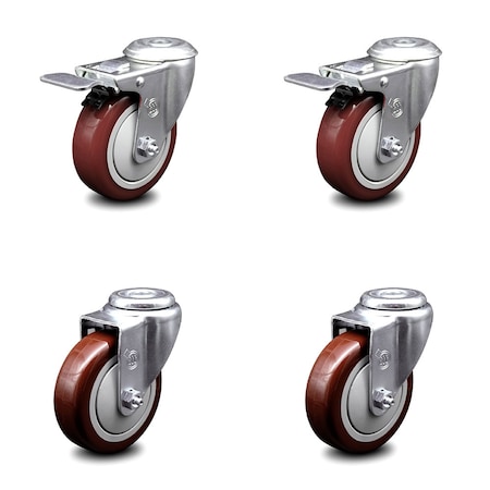 Service Caster 4 Inch Maroon Polyurethane Swivel Bolt Hole Caster Set with 2 Total Lock Brake SCC-BHTTL20S414-PPUB-MRN-2-S-2